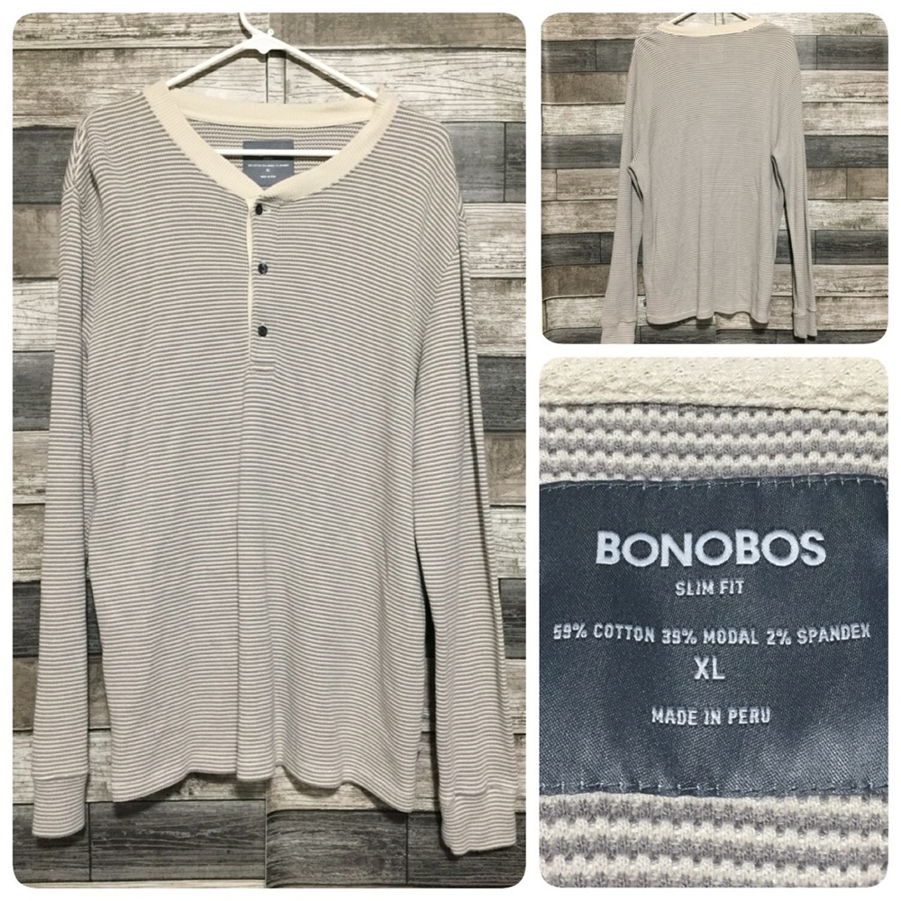 Bonobos Slim Fit Stripe Henley Shirt Men’s XL Off White Gray Long Sleeve Casual